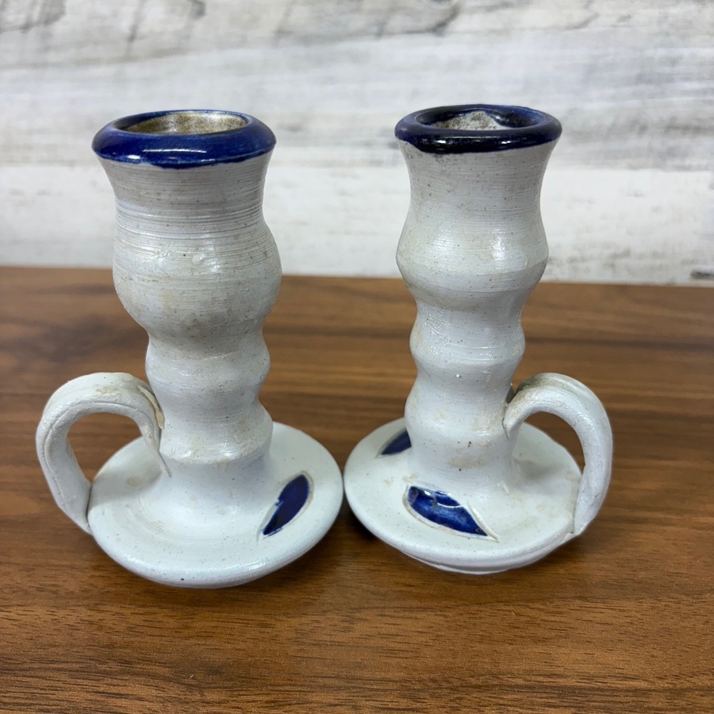 Vintage Williamsburg Pottery Salt Glaze Candle‎ Stick Holders w/Handles